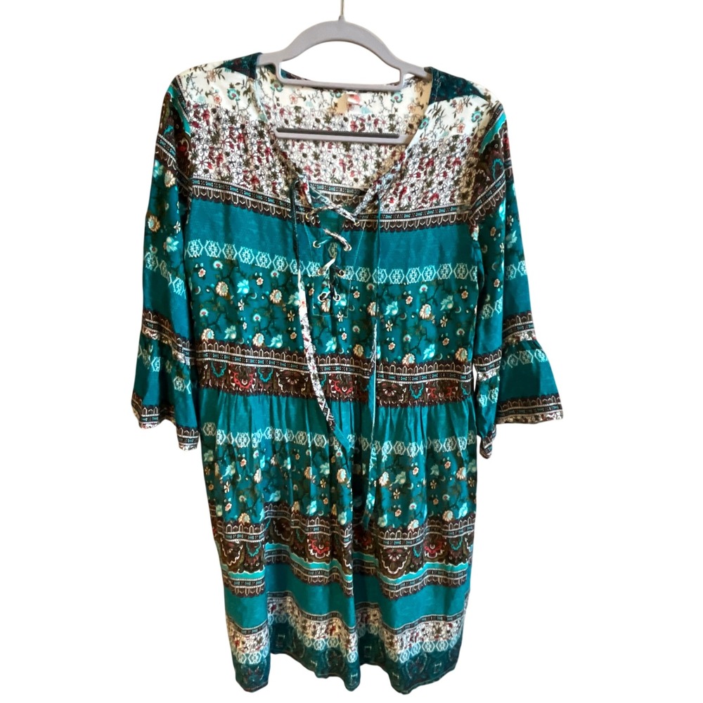 Womens L Coastal Boho Tunic Top Teal Floral Peasant Lace Up 3/4 Sleeve Festival